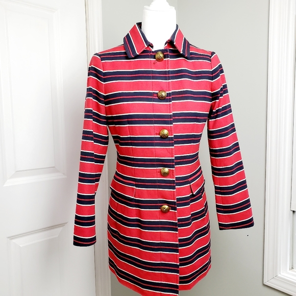 Banana Republic Red & Blue Striped Nautical Coat Gold Buttons - Picture 5 of 15